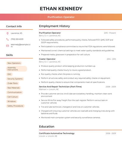 Purification Operator Resume