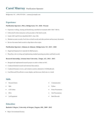 Purification Operator Resume