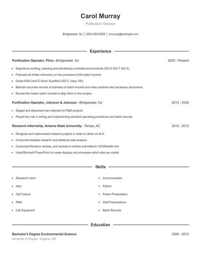 Purification Operator Resume