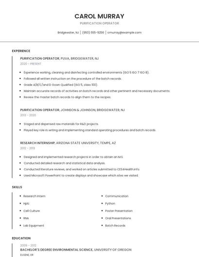 Purification Operator Resume