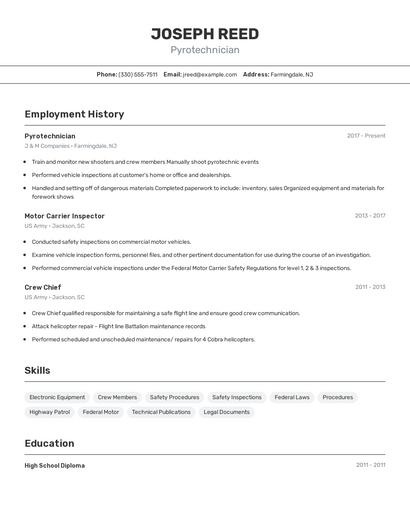 Pyrotechnician Resume