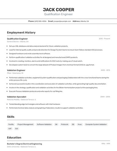 Qualification Engineer Resume