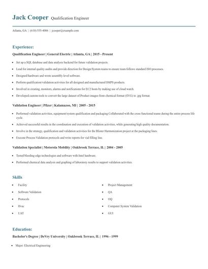Qualification Engineer Resume