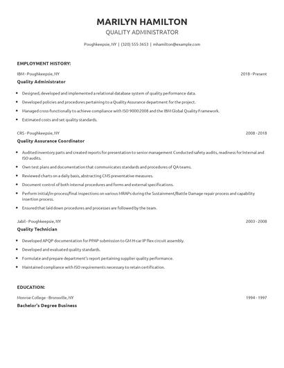 Quality Administrator Resume