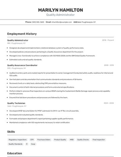 Quality Administrator Resume