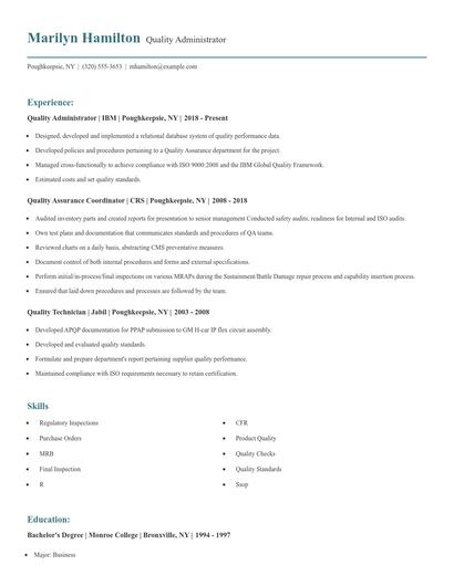 Quality Administrator Resume