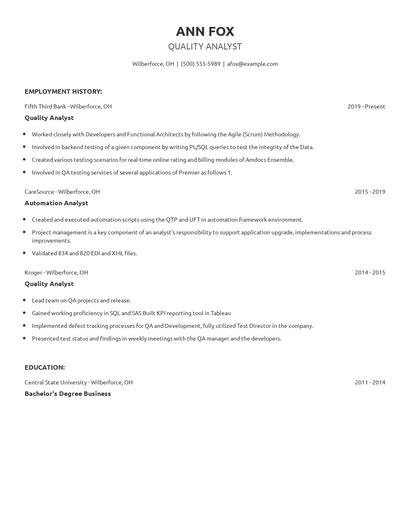 Quality Analyst Resume