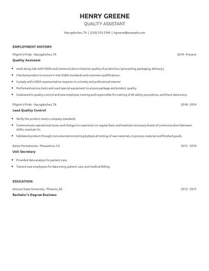 Quality Assistant Resume