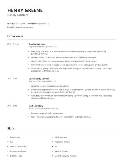 Quality Assistant Resume