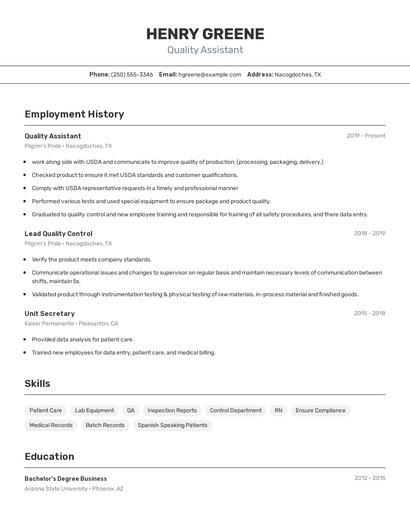 Quality Assistant Resume