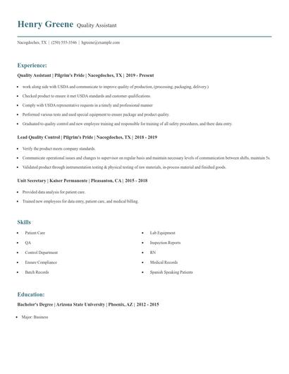 Quality Assistant Resume