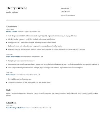 Quality Assistant Resume