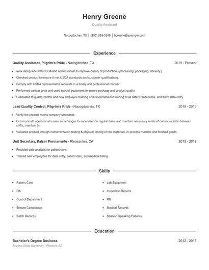 Quality Assistant Resume