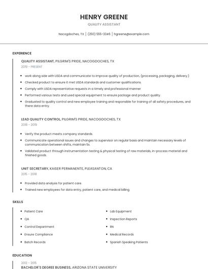Quality Assistant Resume