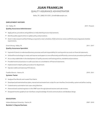 Quality Assurance Administrator Resume
