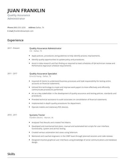 Quality Assurance Administrator Resume