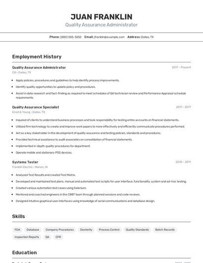 Quality Assurance Administrator Resume