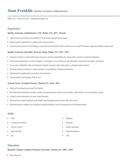 Quality Assurance Administrator Resume