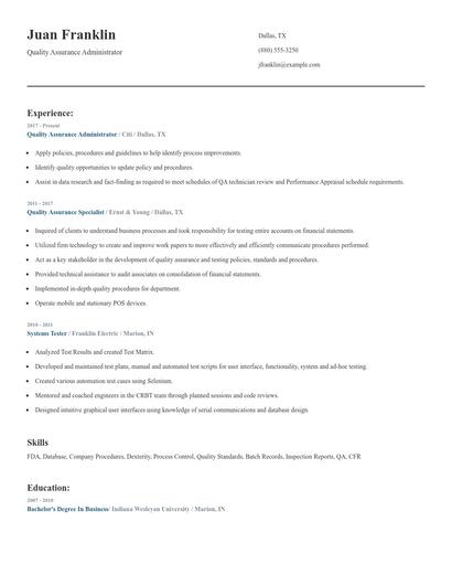 Quality Assurance Administrator Resume