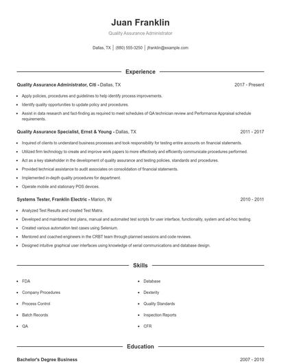 Quality Assurance Administrator Resume