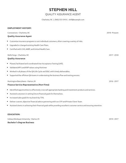 Quality Assurance Agent Resume