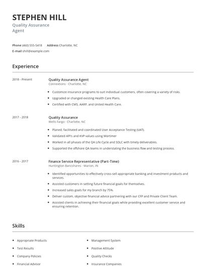 Quality Assurance Agent Resume