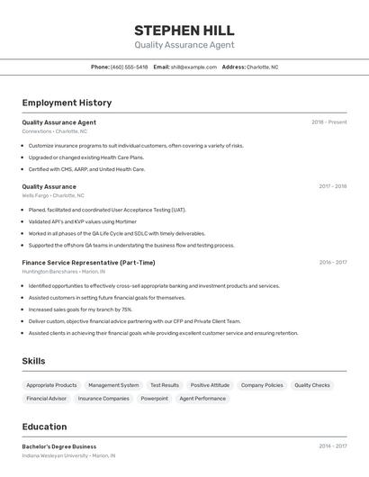 Quality Assurance Agent Resume