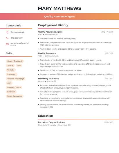 Quality Assurance Agent Resume