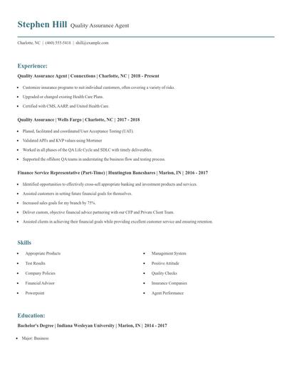 Quality Assurance Agent Resume