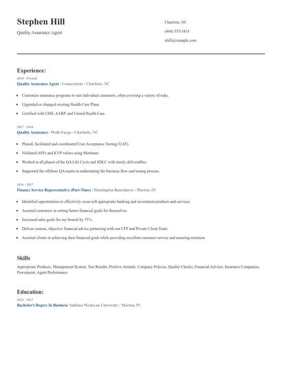 Quality Assurance Agent Resume