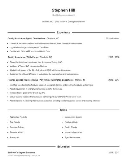 Quality Assurance Agent Resume