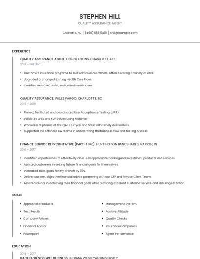 Quality Assurance Agent Resume