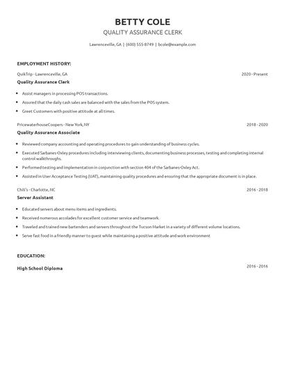 Quality Assurance Clerk Resume