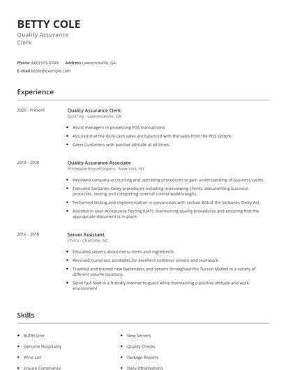 Quality Assurance Clerk Resume