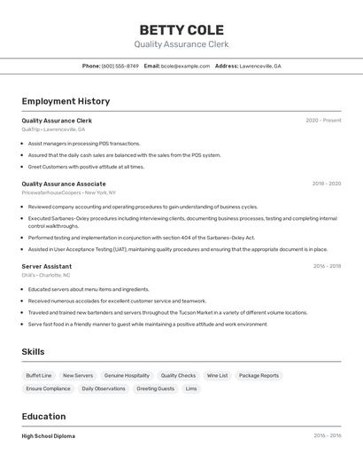 Quality Assurance Clerk Resume