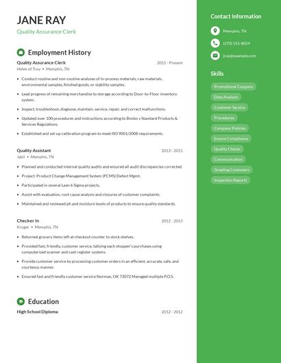 Quality Assurance Clerk Resume