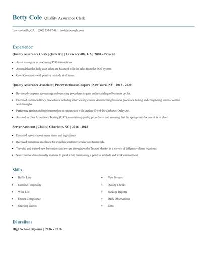 Quality Assurance Clerk Resume
