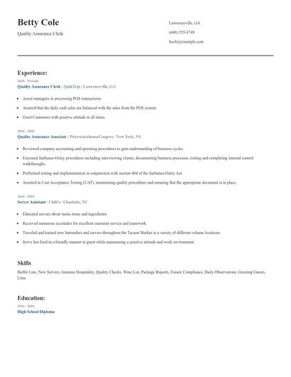 Quality Assurance Clerk Resume