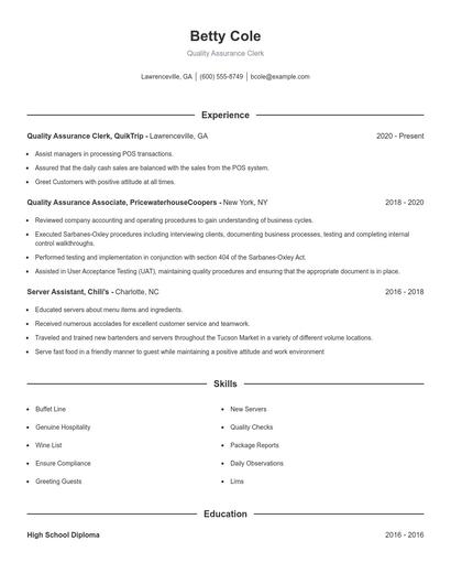 Quality Assurance Clerk Resume