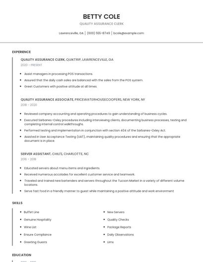 Quality Assurance Clerk Resume