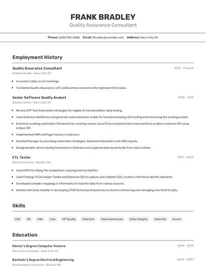 Quality Assurance Consultant Resume