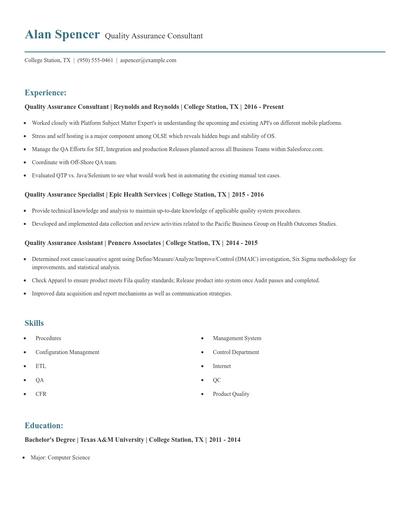 Quality Assurance Consultant Resume
