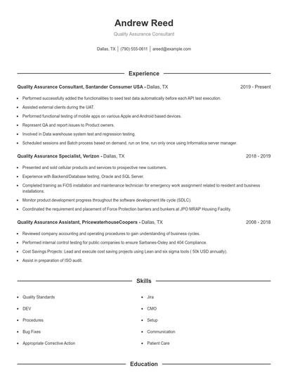 Quality Assurance Consultant Resume