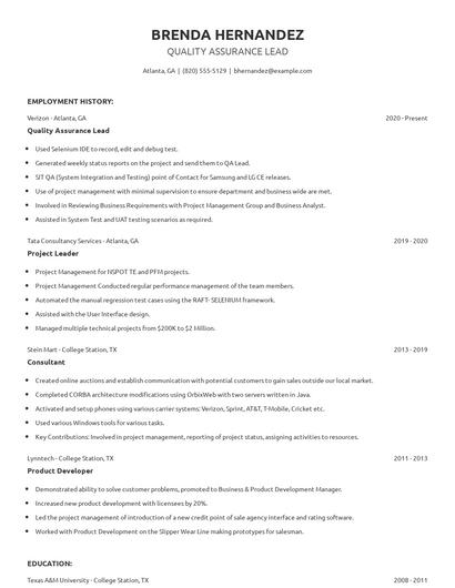 Quality Assurance Lead Resume