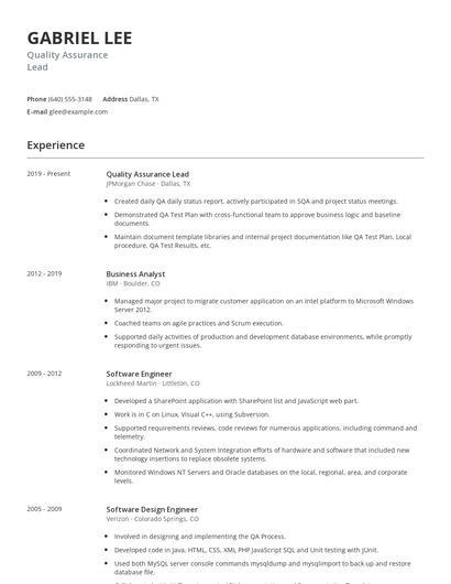 Quality Assurance Lead Resume
