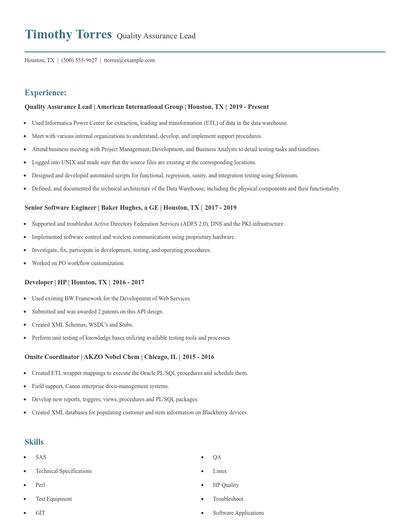 Quality Assurance Lead Resume