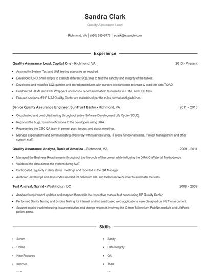 Quality Assurance Lead Resume