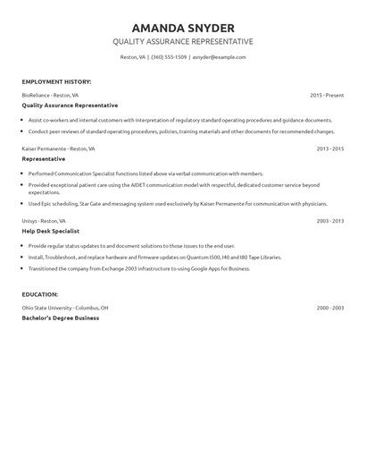 Quality Assurance Representative Resume