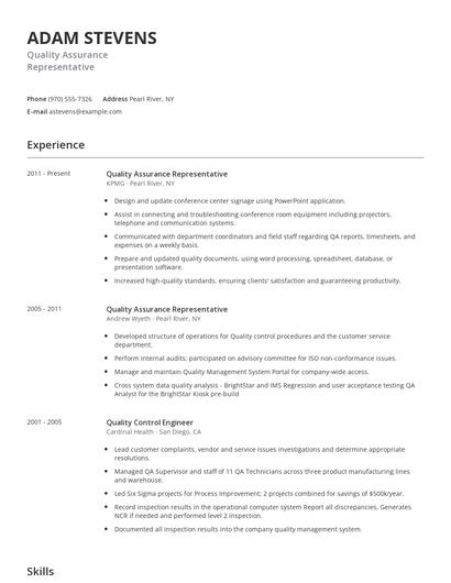 Quality Assurance Representative Resume