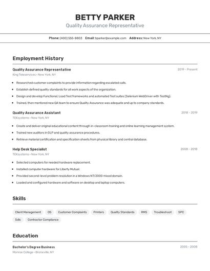 Quality Assurance Representative Resume